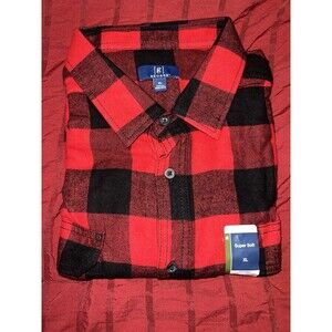 Mens George Red & Black Plaid Flannel Shirt Button Down Long Sleeve Size XL